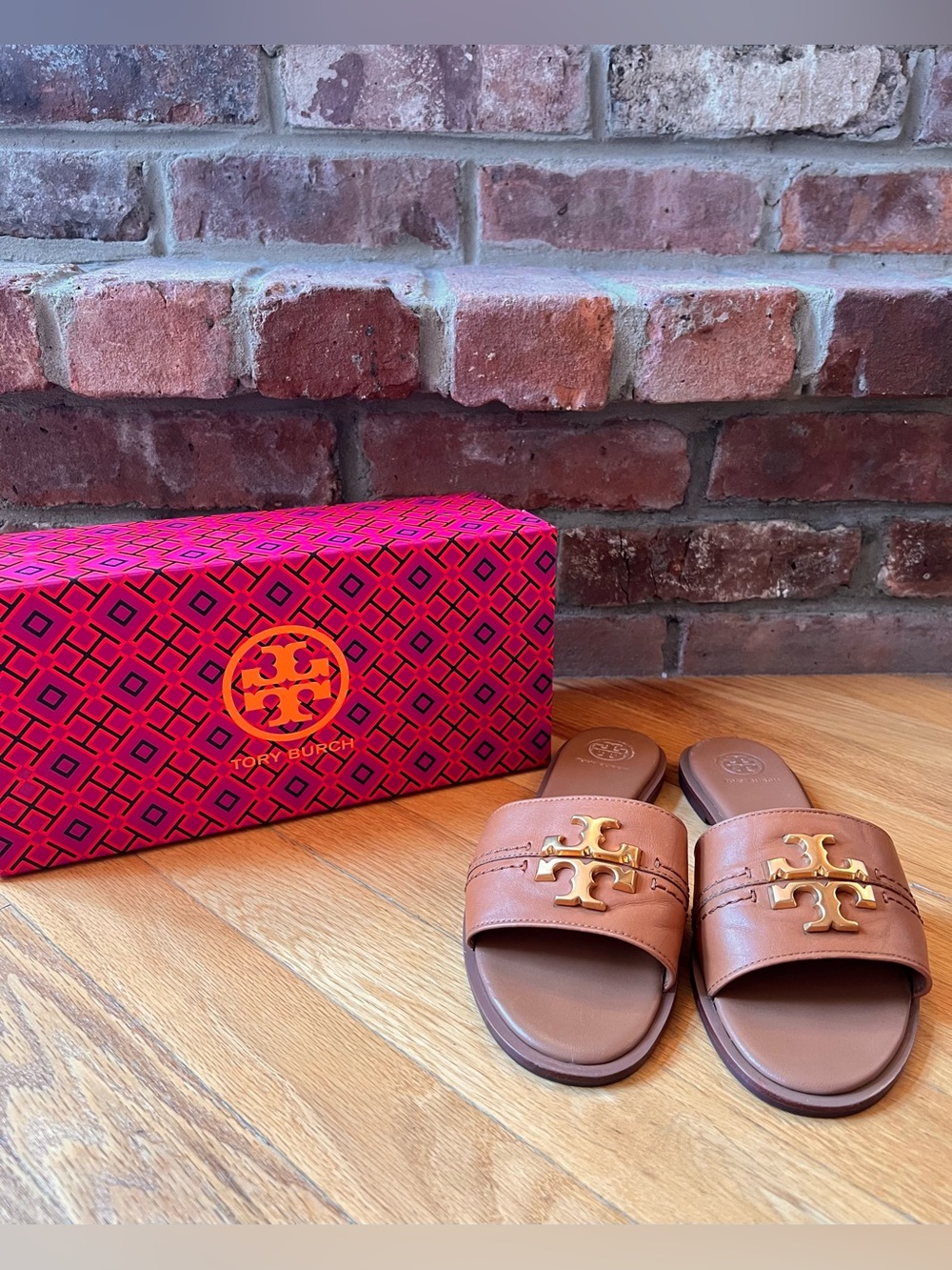 Tory Burch Tan Everly Leather Slide Sandals